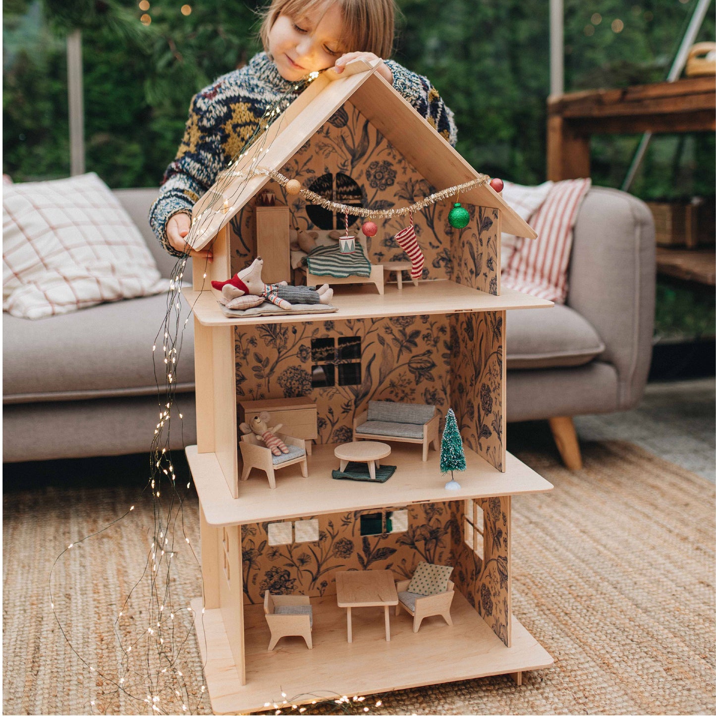 Three-story Wooden Dollhouse / Modern dollhouse - Rose and Friends
