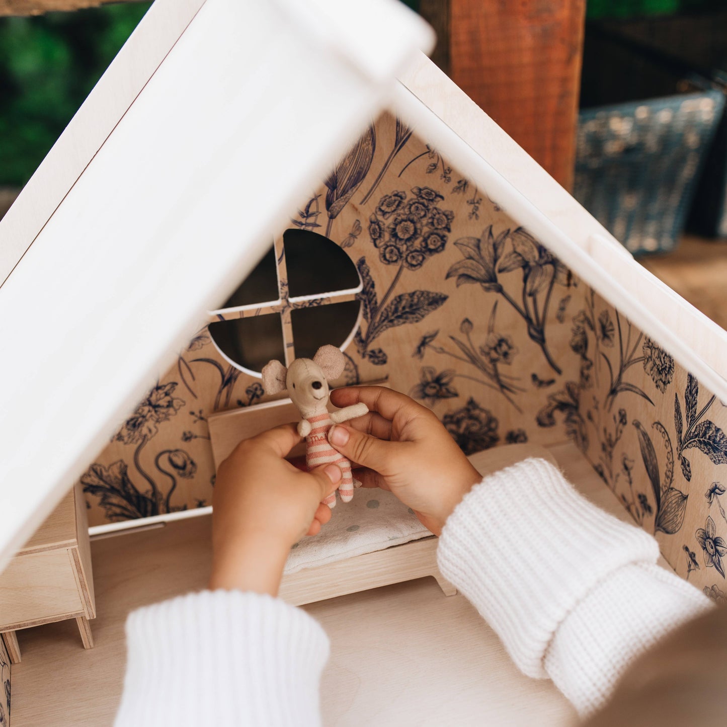 Three-story Wooden Dollhouse / Modern dollhouse - Rose and Friends