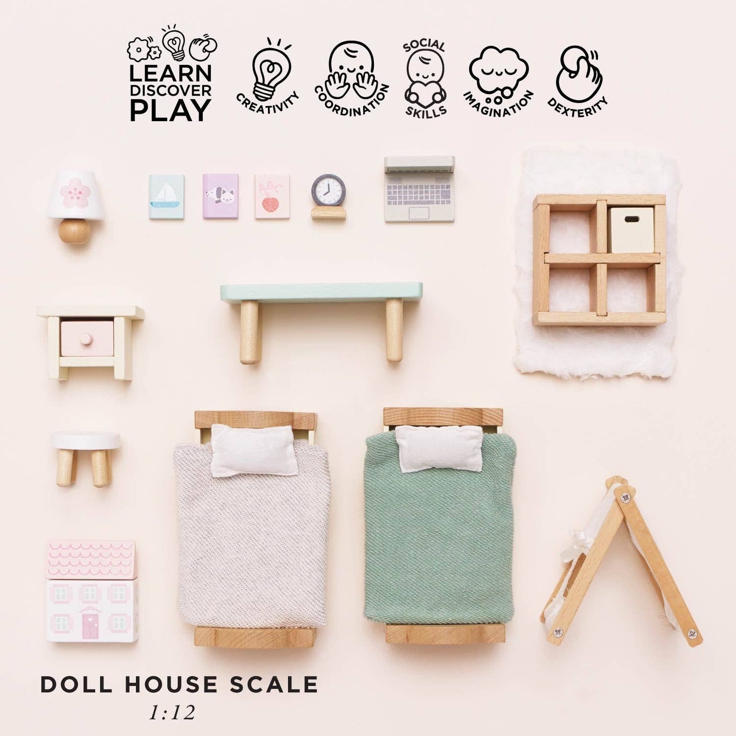 Wooden Dolls House Child's Bedroom Furniture - Rose and Friends