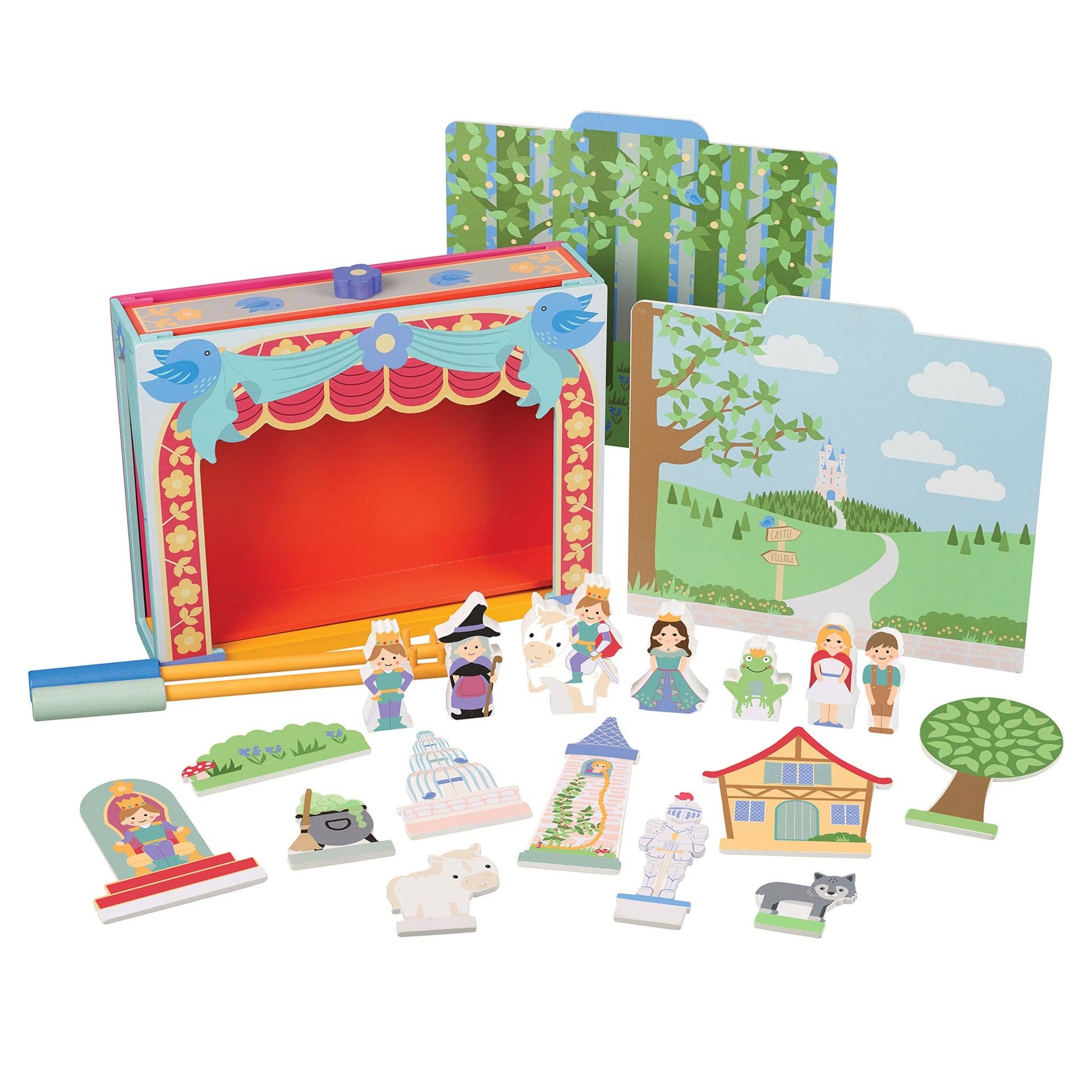 Wooden fairy tale set with stage, characters, and scenic backdrops on a white background