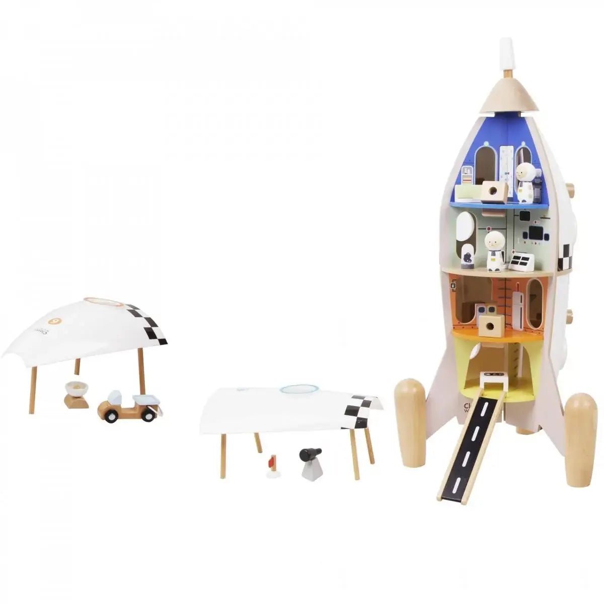 Wooden toy rocket ship with detailed interior on a white background