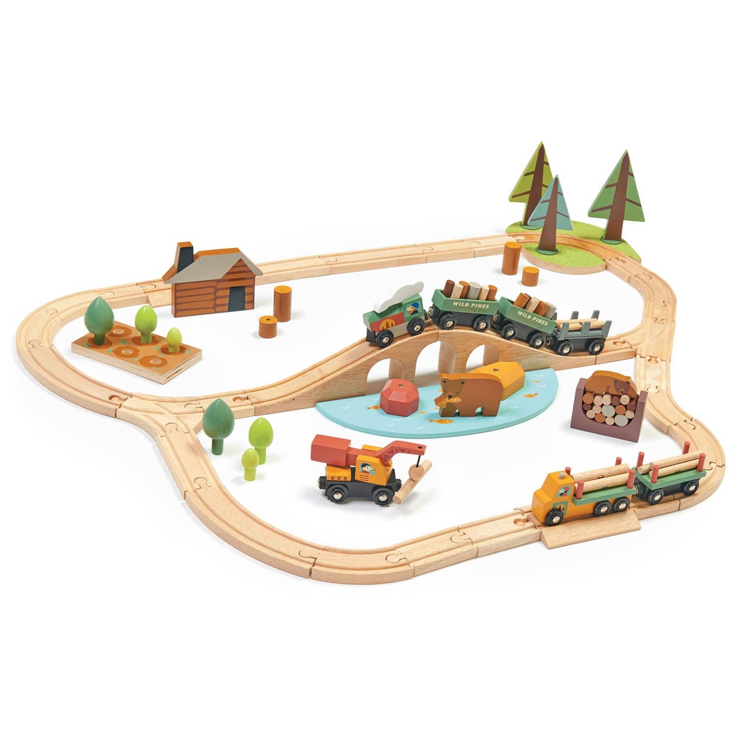 Wooden train set with tracks, trains, and small landscape elements on a white background