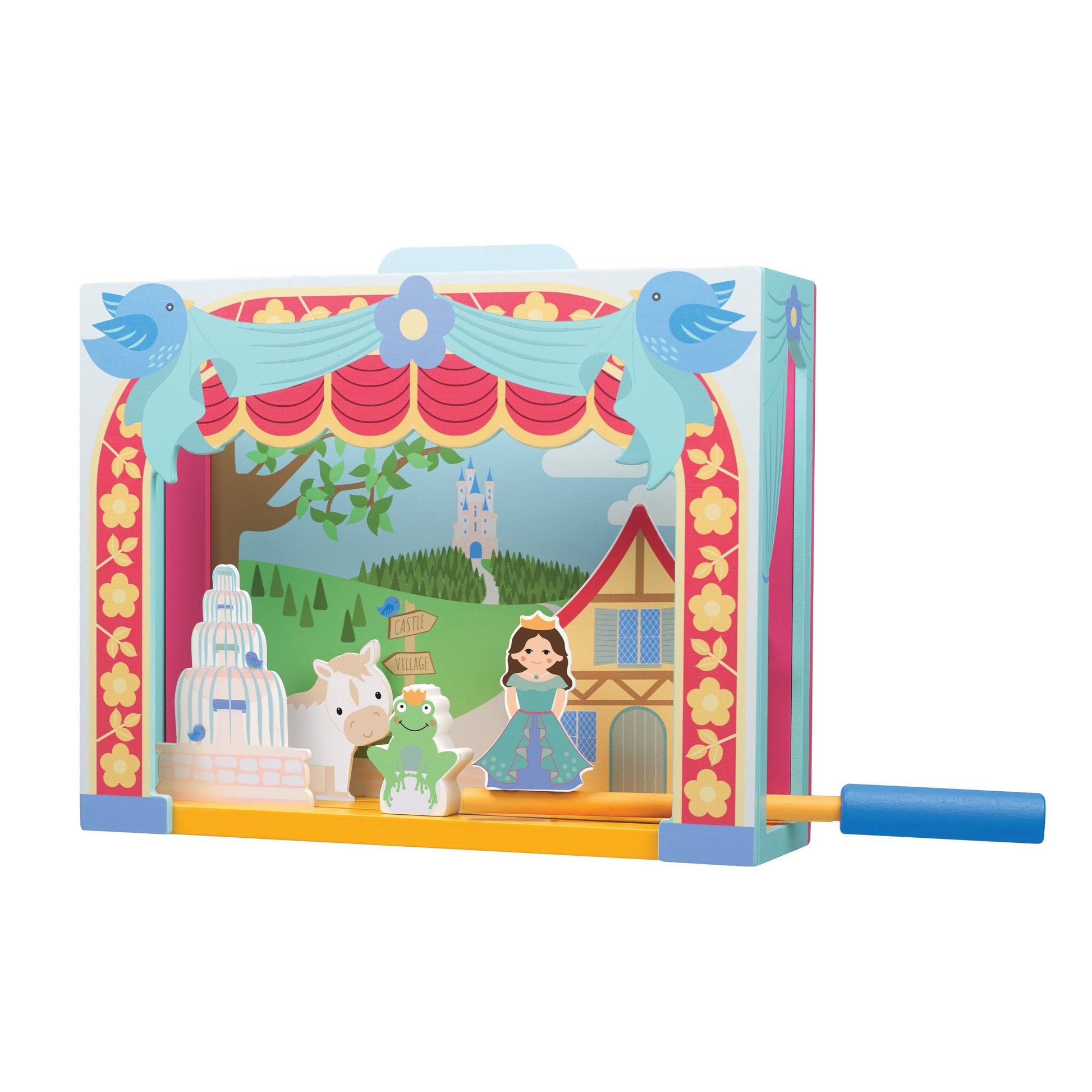 Toy theater set with characters and stage design on a white background