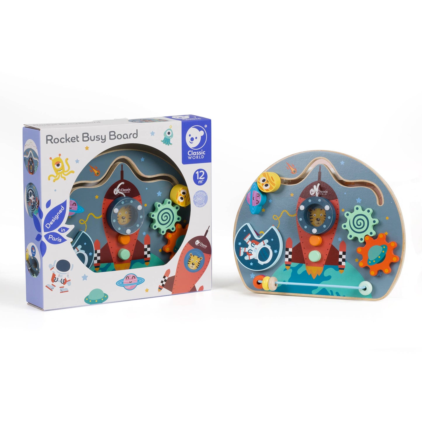 Rocket-themed busy board with packaging on a white background