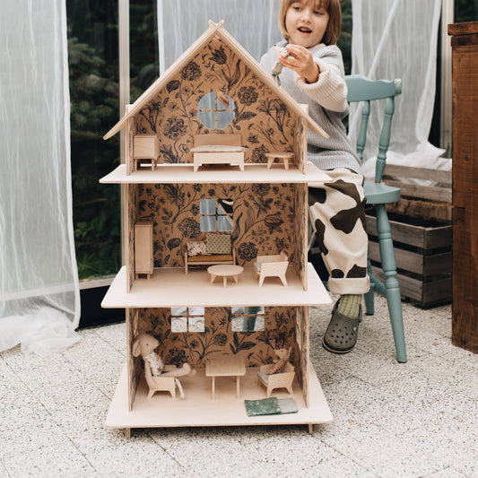 Three-story Wooden Dollhouse / Modern dollhouse - Rose and Friends