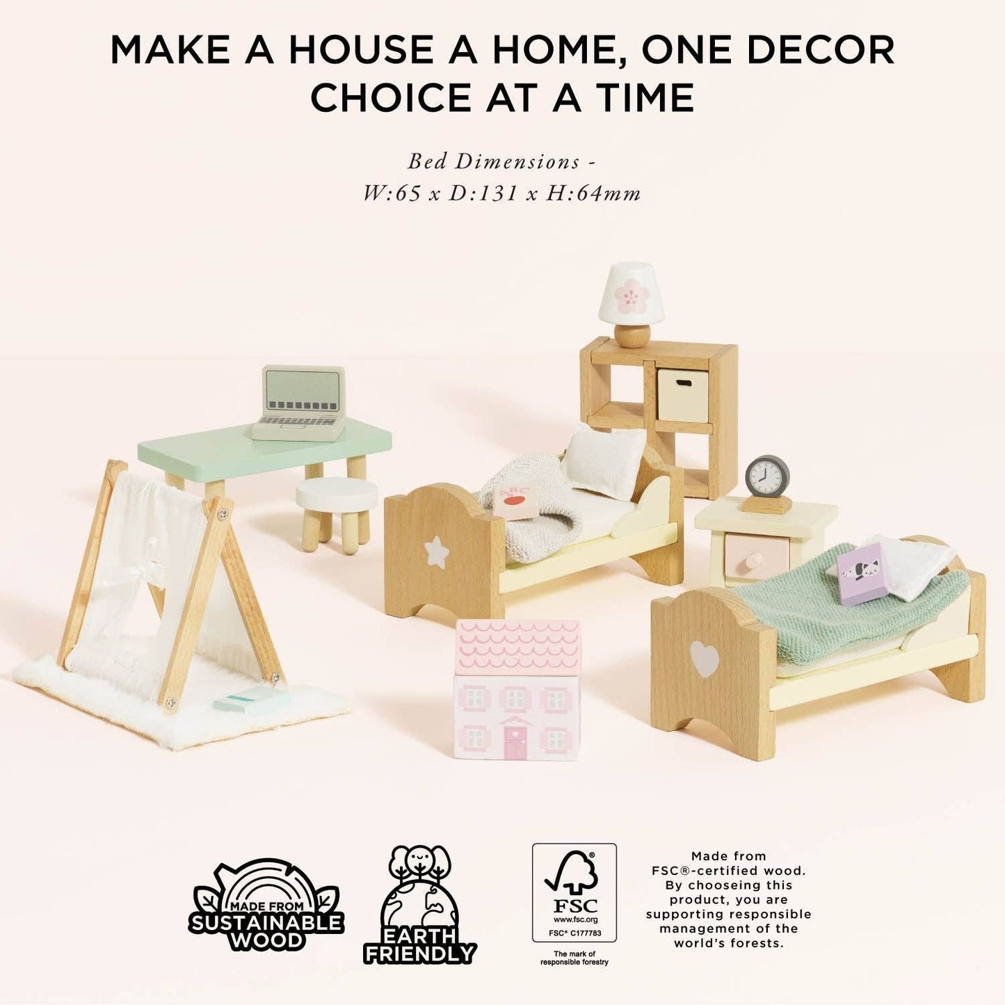 Wooden Dolls House Child's Bedroom Furniture - Rose and Friends