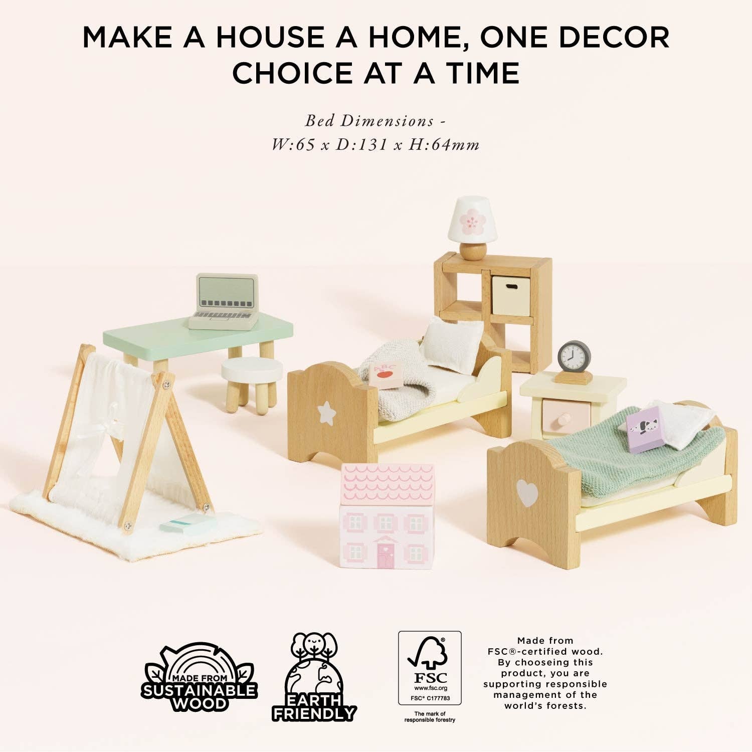 Wooden Dolls House Child's Bedroom Furniture - Rose and Friends