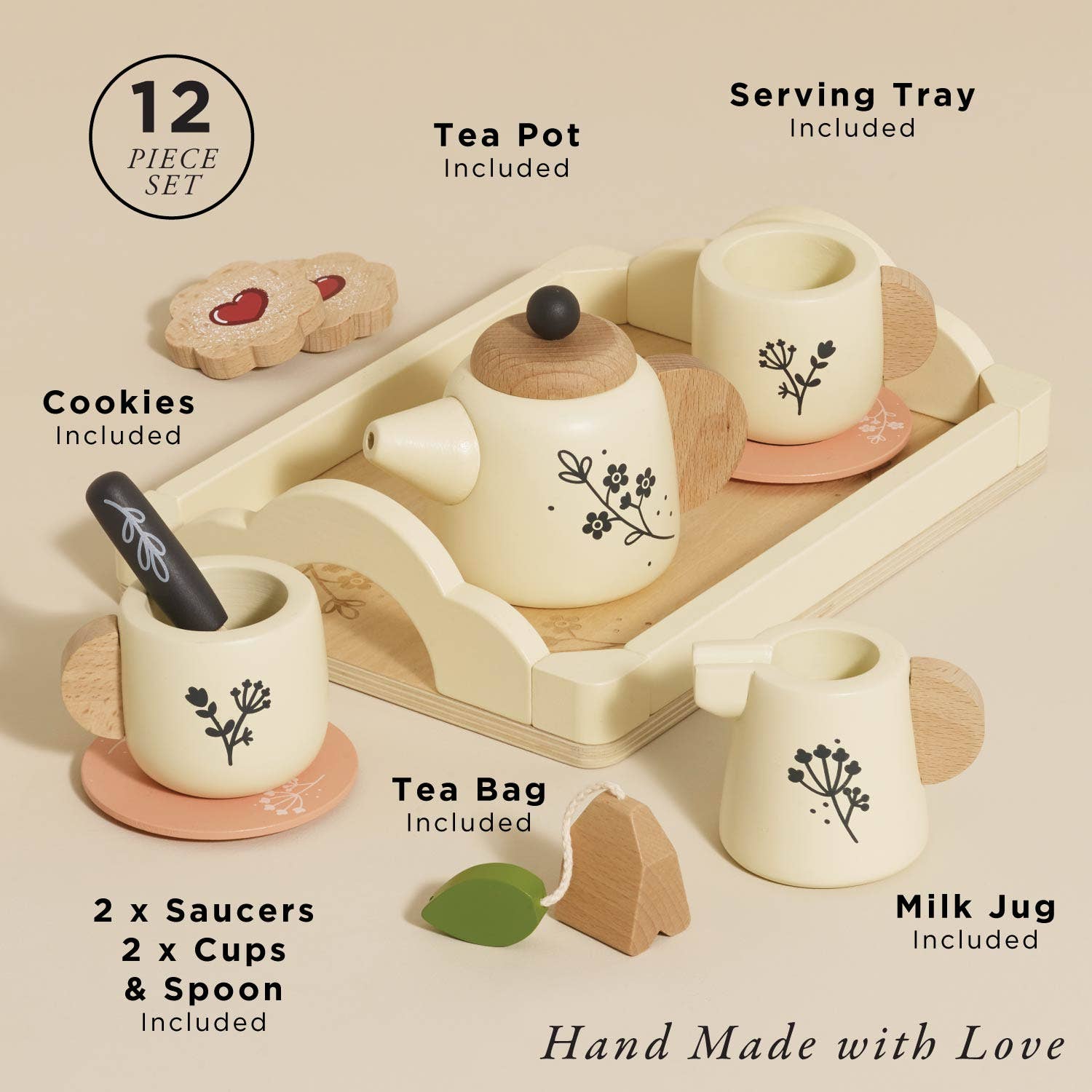 Wooden Tea Set & Tray - Rose and Friends