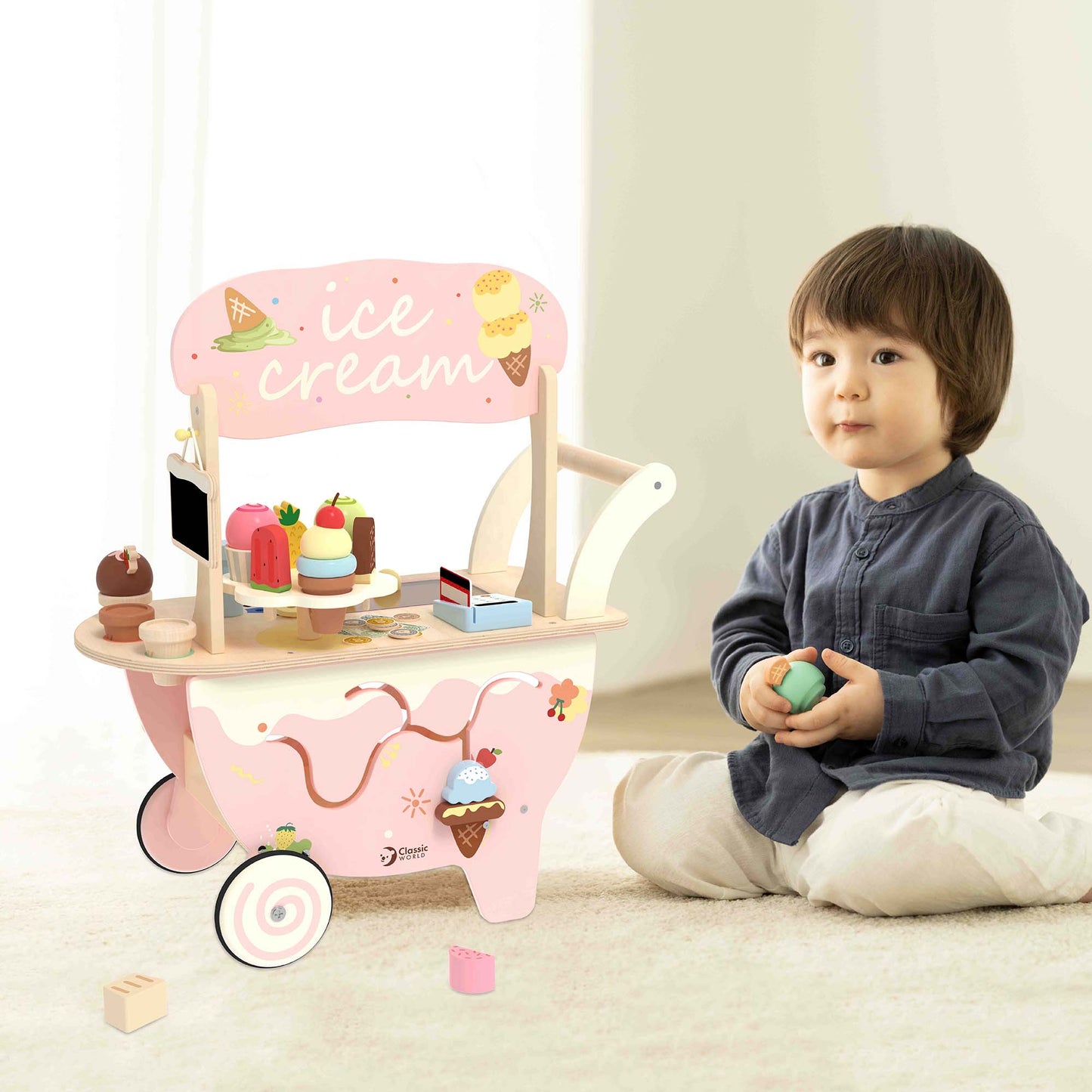 Classic World Ice Cream Cart – Wooden FSC Pretend Play Toy - Rose and Friends