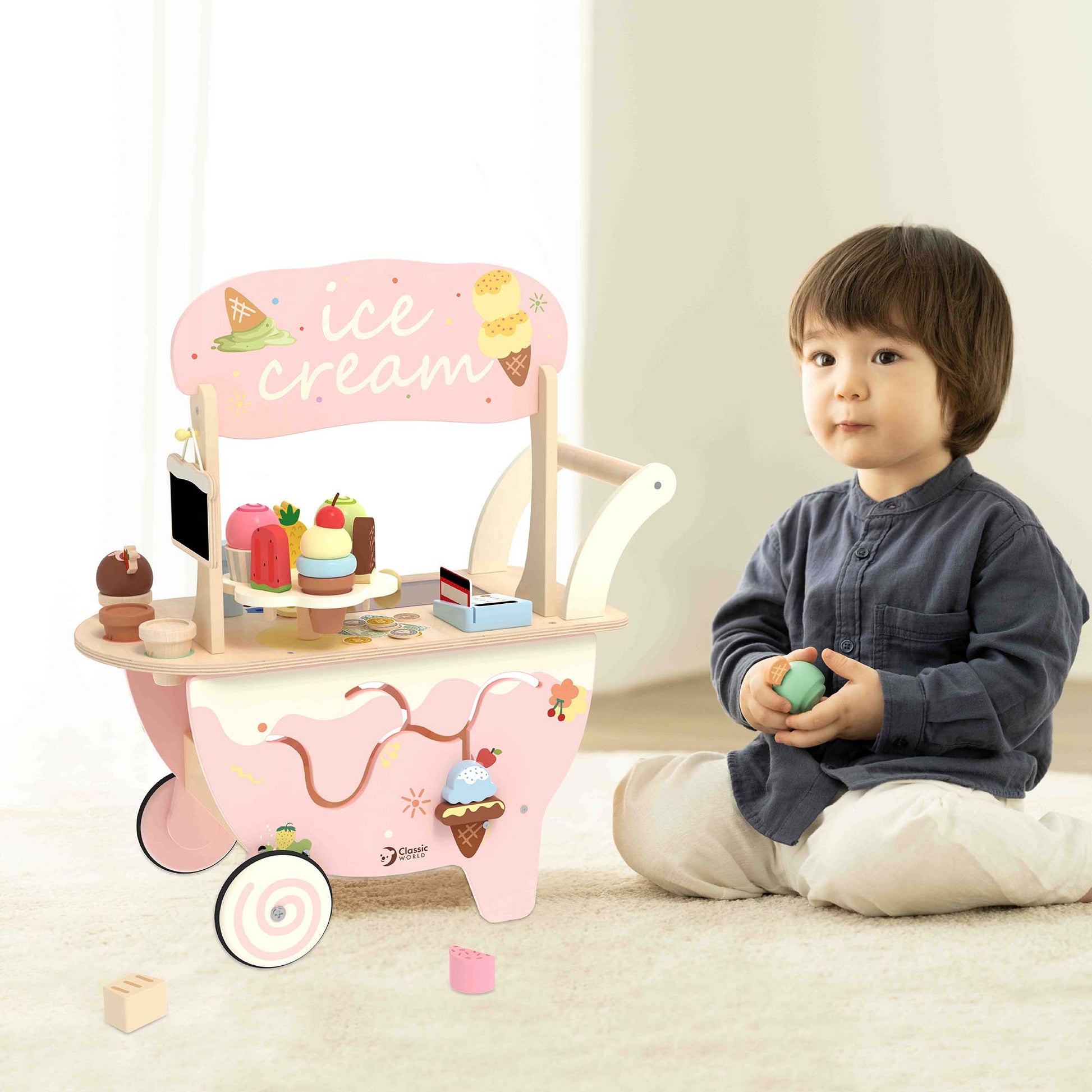 Classic World Ice Cream Cart – Wooden FSC Pretend Play Toy - Rose and Friends